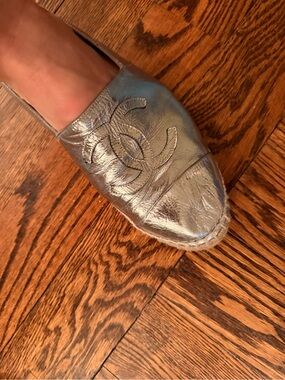 Chanel Metallic Silver Leather Espadrille Slip-On Women’s Shoe